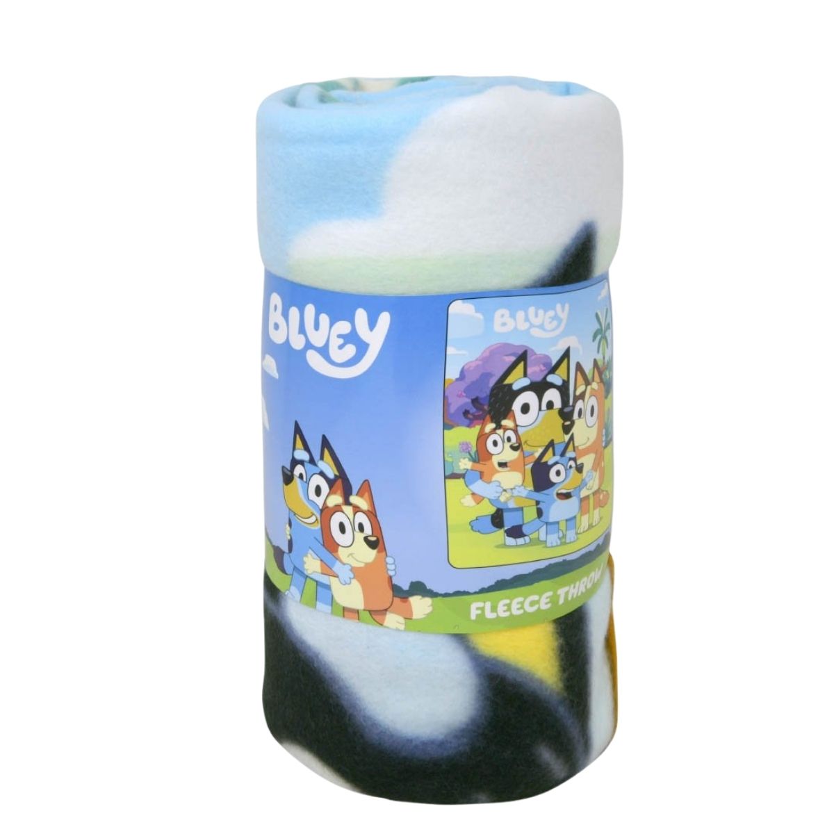 Close-up view of the rolled-up Bluey fleece throw blanket showing its soft texture and the printed paper packaging band.