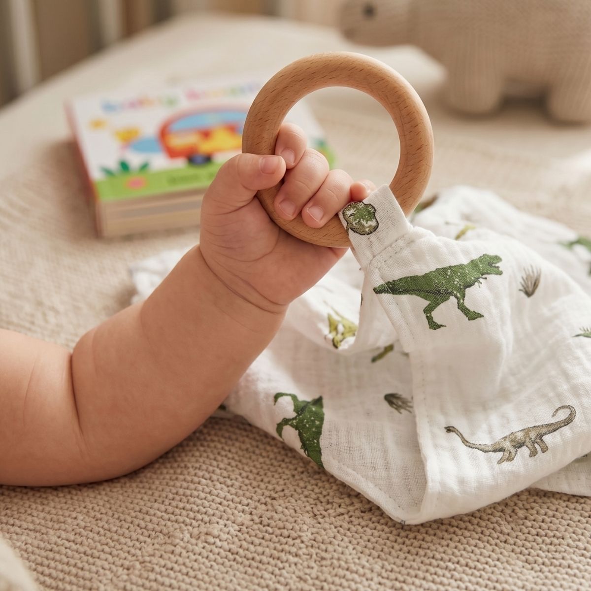 Close-up of a baby's hand firmly gripping the natural wood ring of the dinosaur-print muslin blankie teether.