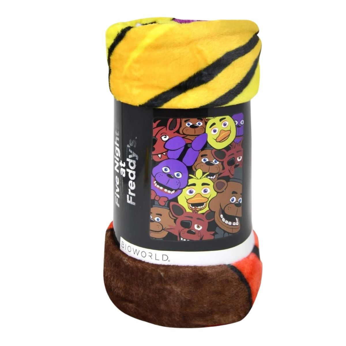 Close-up view of the rolled-up Five Nights at Freddy's fleece throw blanket showing its soft texture and the printed packaging band.