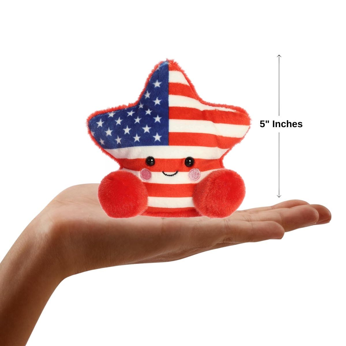 Sizing graphic showing the 5-inch Palm Pals Americana Star plush sitting perfectly in the palm of a hand to demonstrate its small scale.