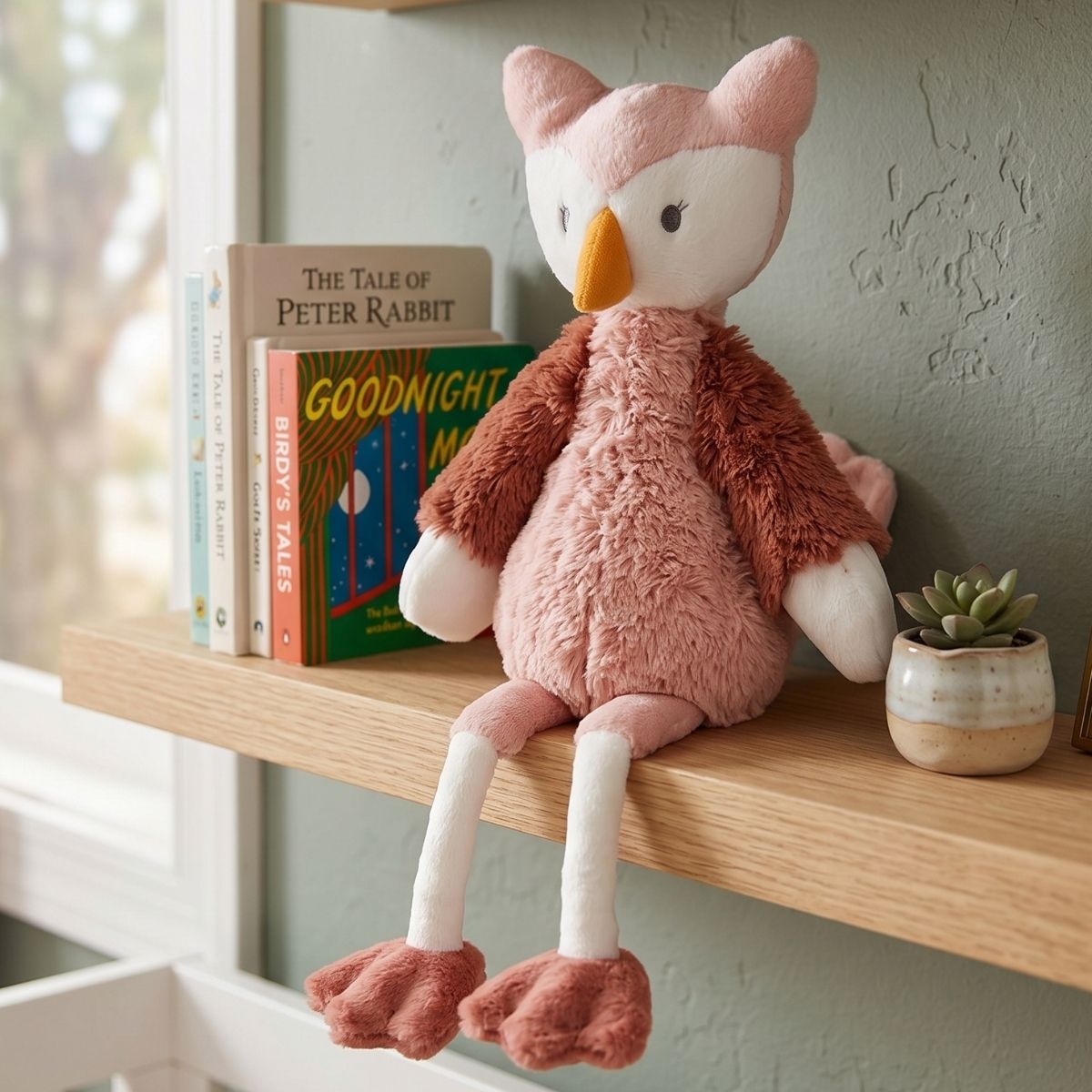 Happy Horse Owl Olivia plush toy sitting on a floating wooden nursery shelf with her legs dangling next to classic children's books.