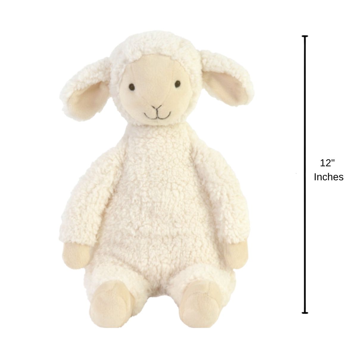 Happy Horse Lamb Leo plush lamb sitting upright with a 12-inch height indicator graphic next to it.