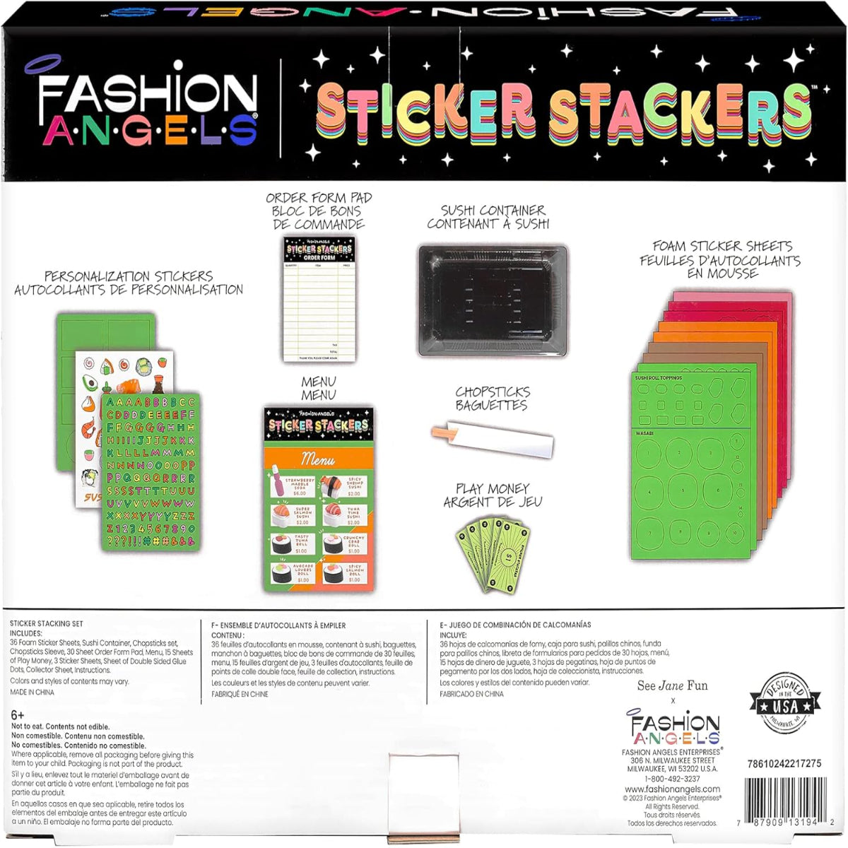 Box of Fashion Angels Sticker Stackers with various sticker sheets and containers on a white background.