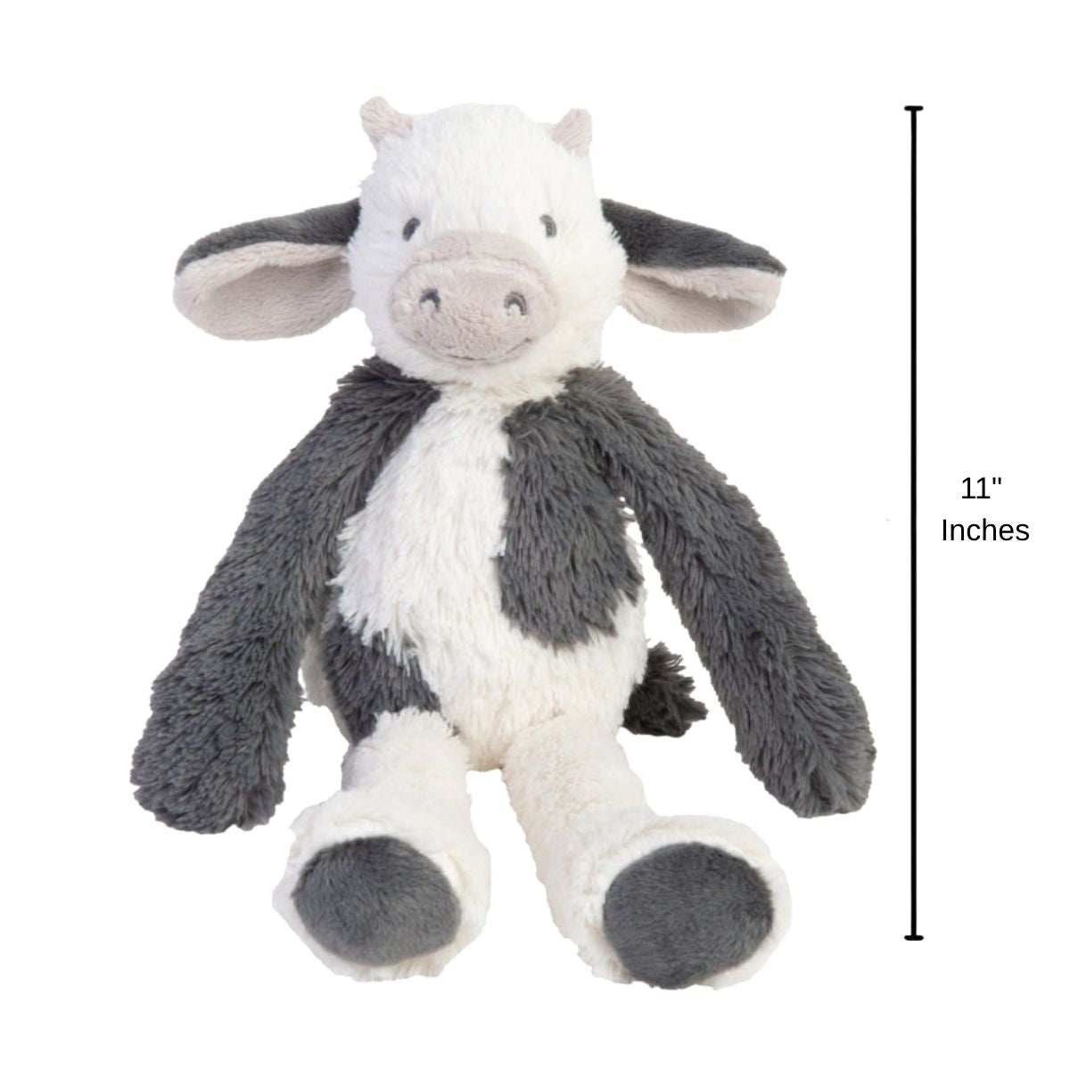 Happy Horse Cow Casper plush toy sitting upright with an 11-inch height indicator graphic next to it.
