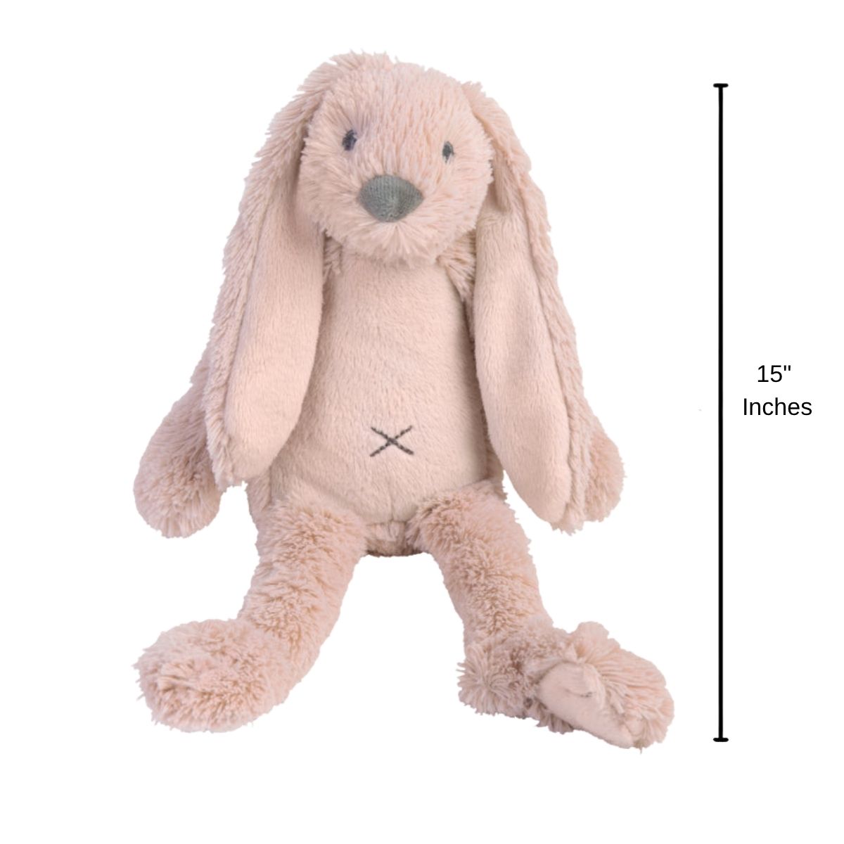 Happy Horse Rabbit Richie old pink plush bunny sitting upright with a 15-inch height indicator graphic next to it.