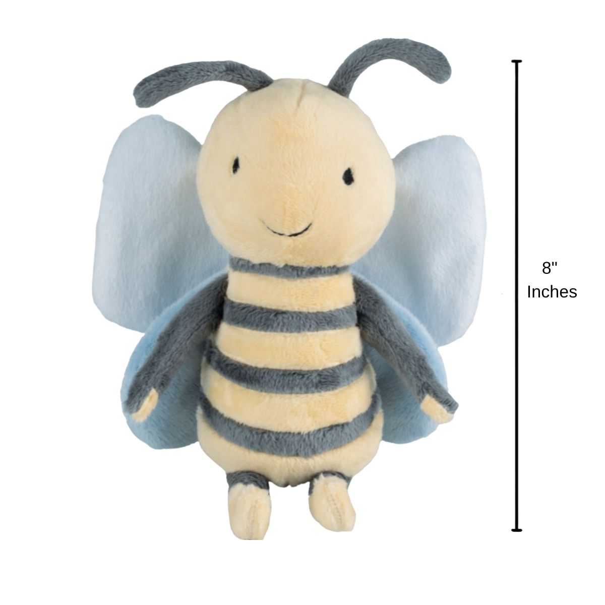 Happy Horse Bee Benja plush bee sitting upright with an 8-inch height indicator graphic next to it.