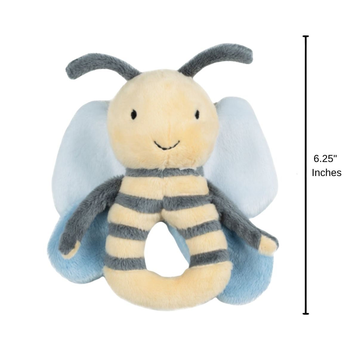 Happy Horse Bee Benja plush rattle standing upright with a 6.25-inch height indicator graphic.