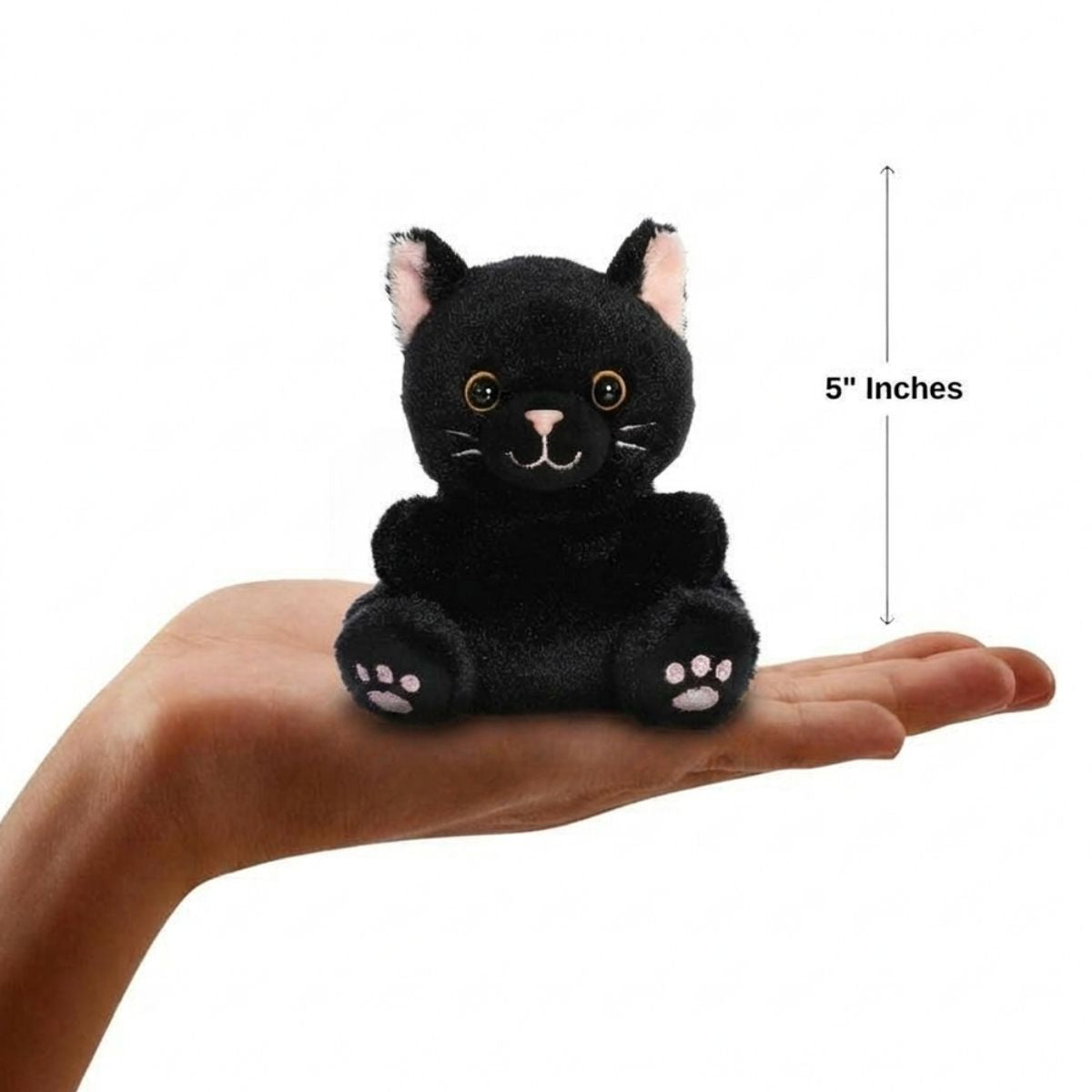 The miniature Twilight Black Cat plush sitting balanced in an open human hand under a 5-inch height graphic indicator.