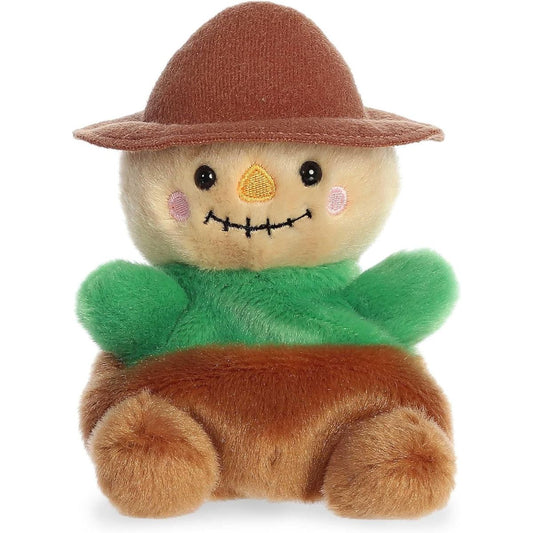Front view thumbnail of the cute Cornelius Scarecrow plush sitting straight, highlighting its friendly expression, pink cheeks, and outspread green arms.