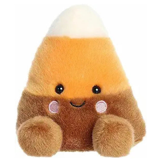 A close-up front portrait thumbnail of the Corbin Candy Corn plush showing its sweet smiling face, pink cheeks, and brown feet.