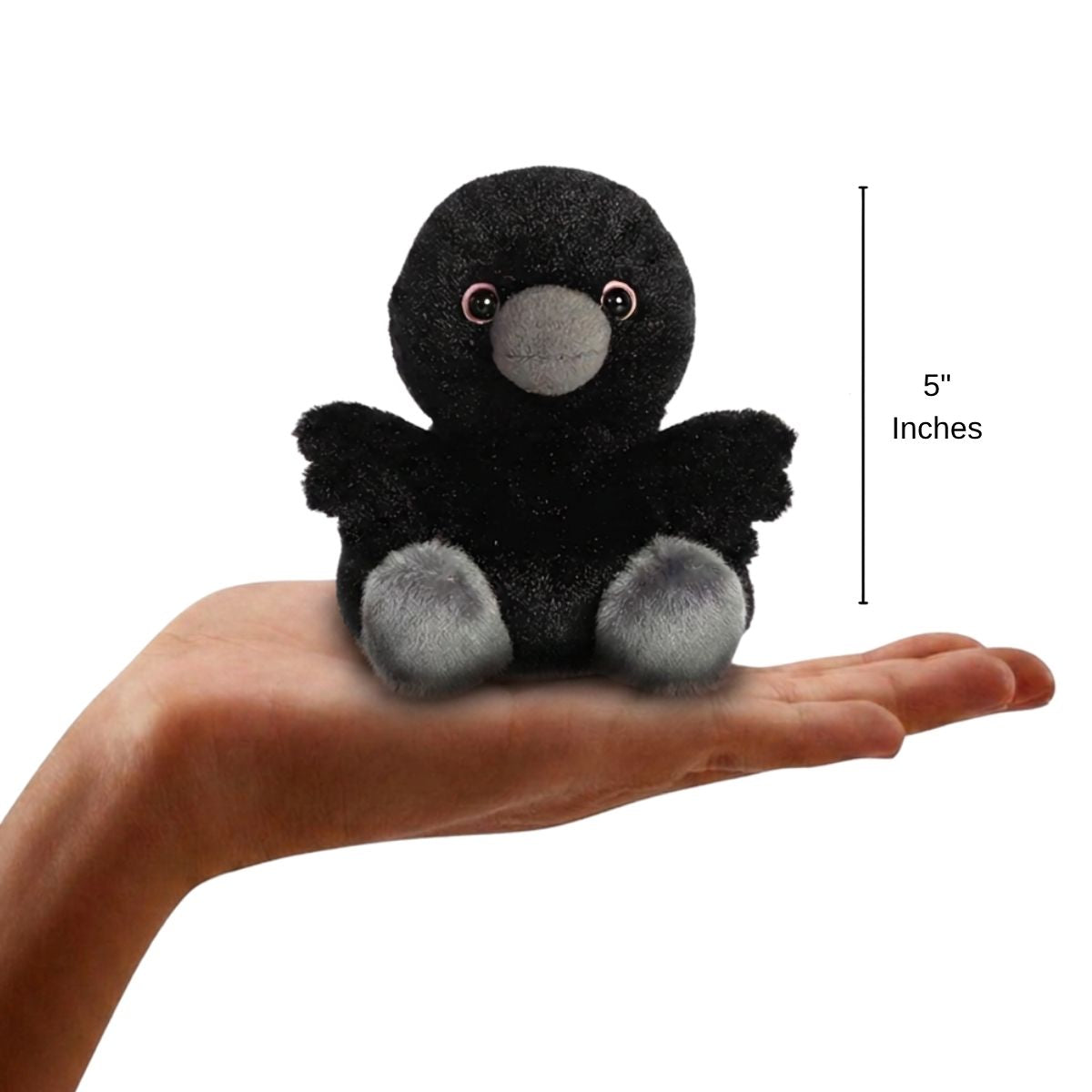The miniature Poe Raven plush balanced in an open human hand under a 5-inch height graphic indicator.