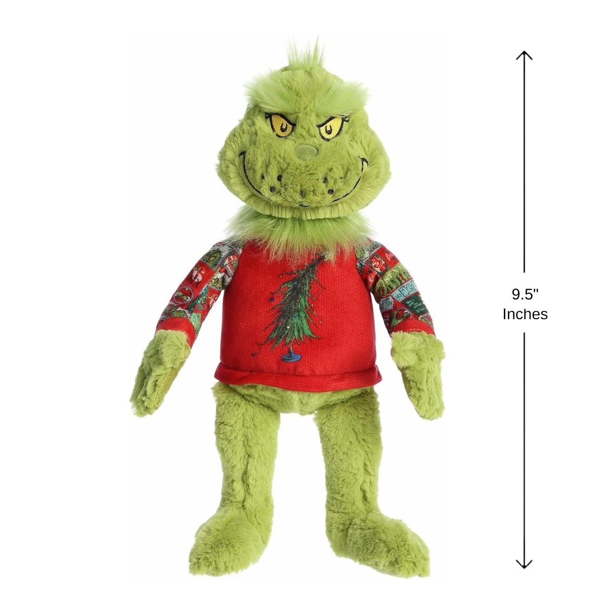 Sizing graphic for the Dr. Seuss Grinch plush showing it standing upright, indicating a total height of 9.5 inches.