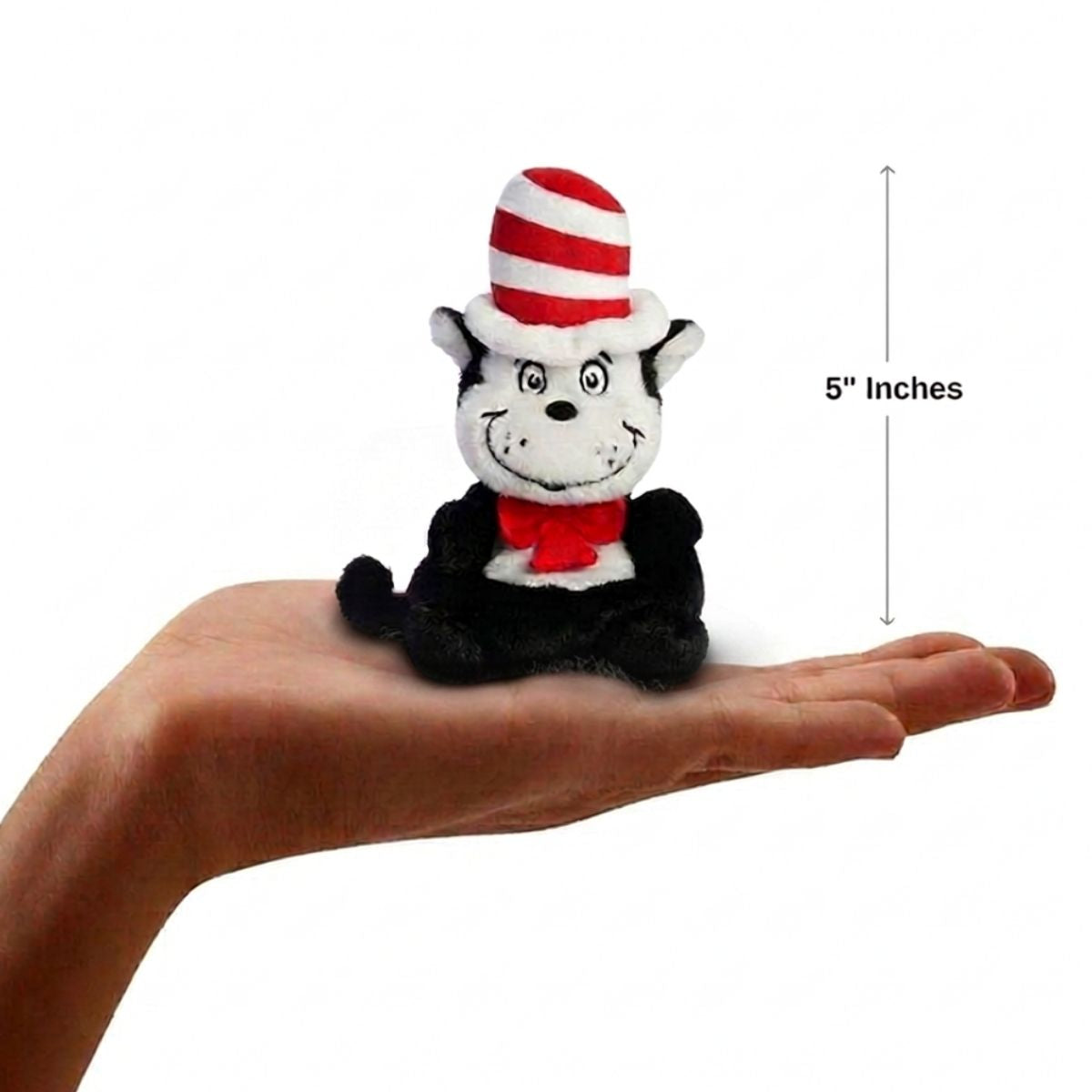 The miniature Cat in the Hat plush sitting balanced in an open human hand under a 5-inch height graphic indicator.