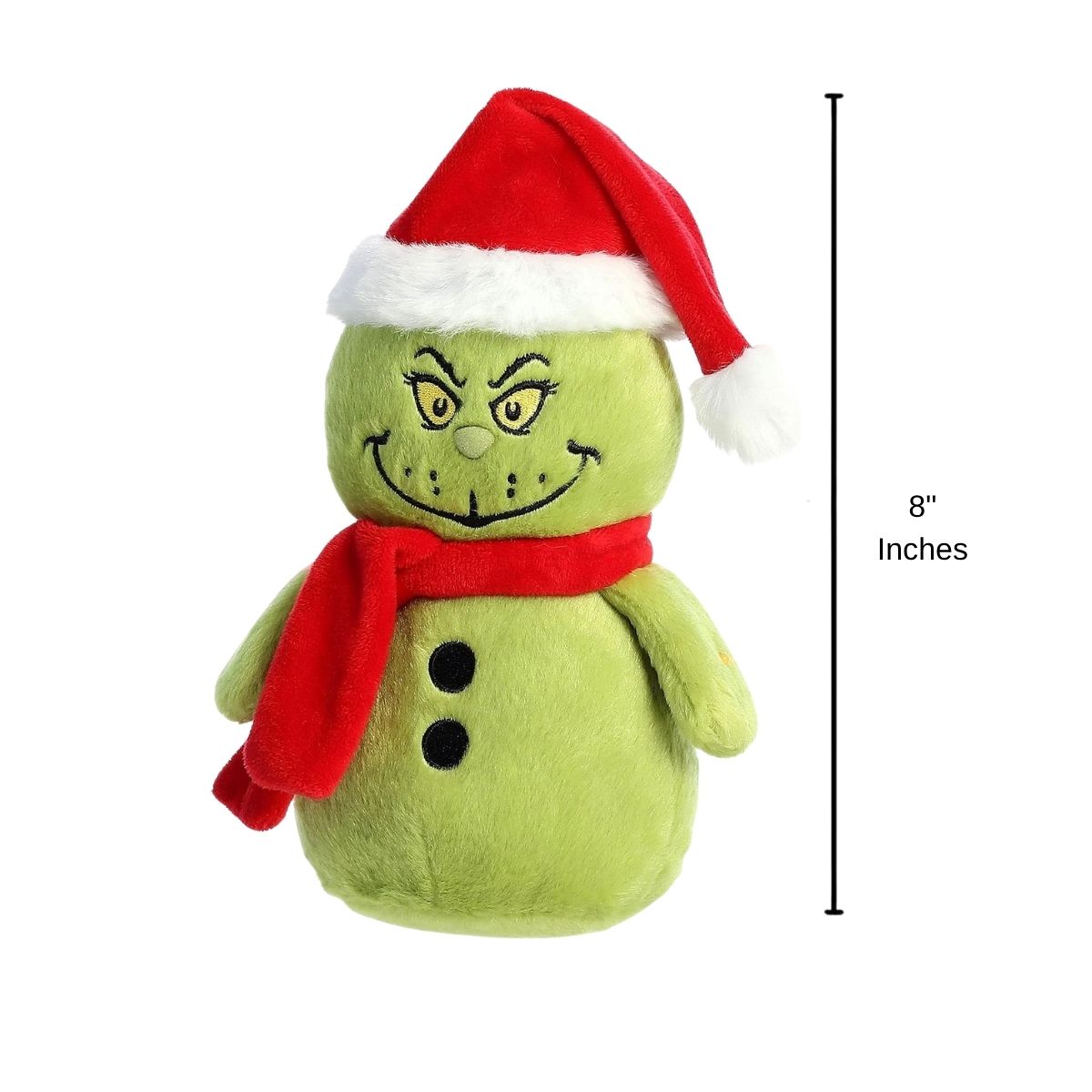 Front view thumbnail of the Snowman Grinch plush shown next to an 8-inch height measurement graphic indicator.