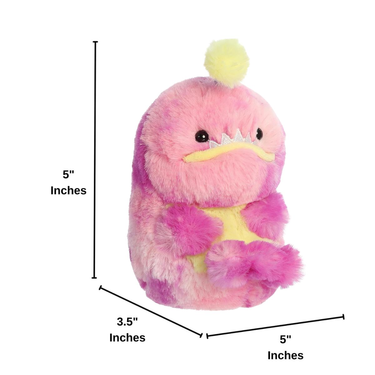 Infographic showing the dimensions of the Aurora Rolly Pet angler fish plush, measuring 5 inches tall by 3.5 inches wide by 5 inches deep.