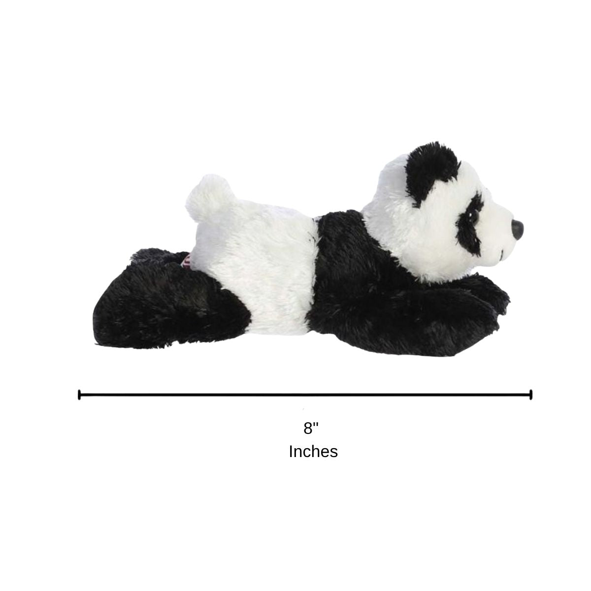 Sizing graphic for the Aurora Mini Flopsie Panda plush indicating a total length of 8 inches.