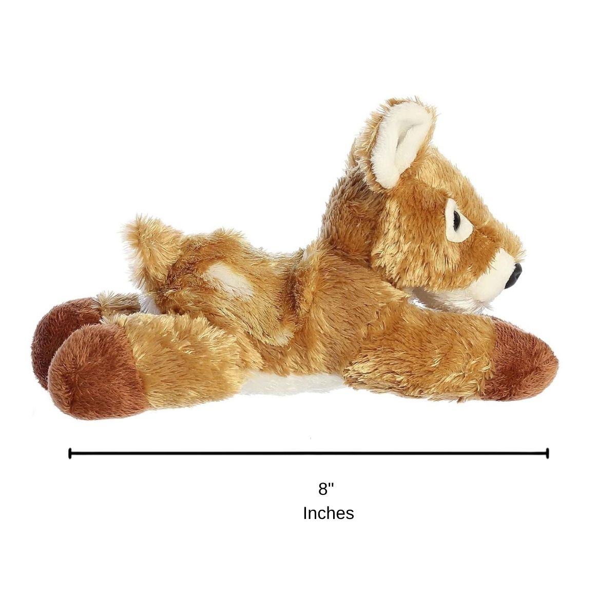 Full side profile of the resting brown deer plush with a dimension line indicating its 8-inch length.