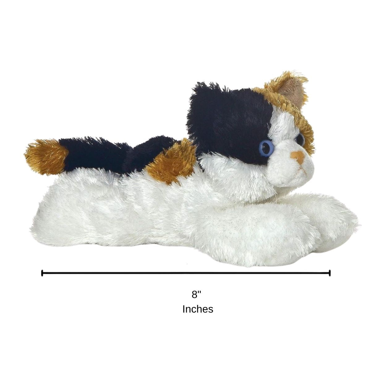 Full side profile of the resting calico cat plush with a dimension line indicating its 8-inch length.