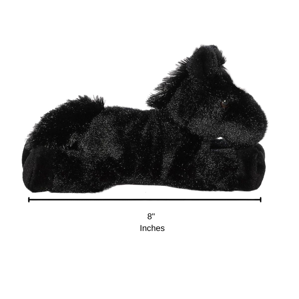 Full side profile of the resting black stallion horse plush with a dimension line indicating its 8-inch length.