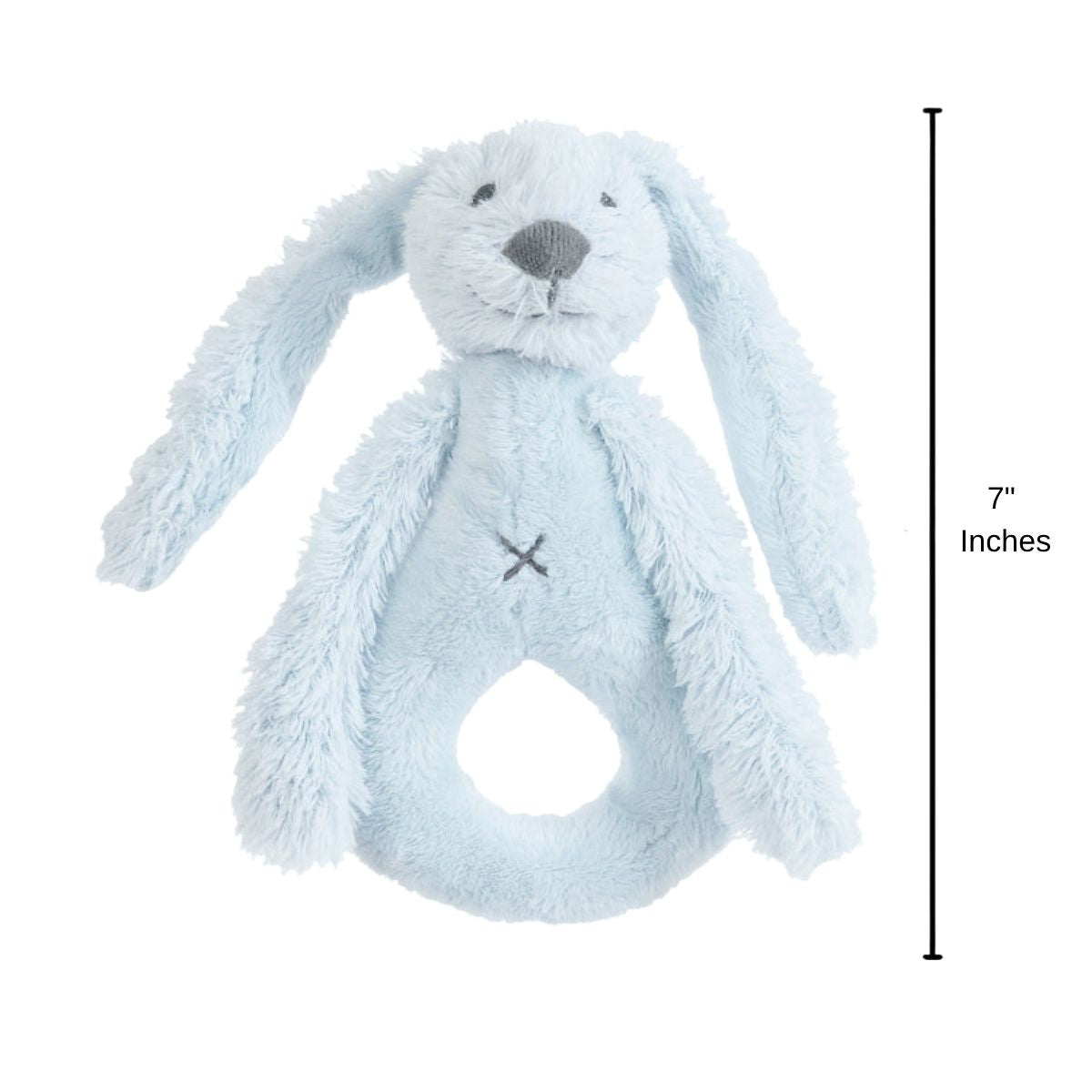 Happy Horse Rabbit Richie blue plush rattle standing upright with a 7-inch height indicator graphic.