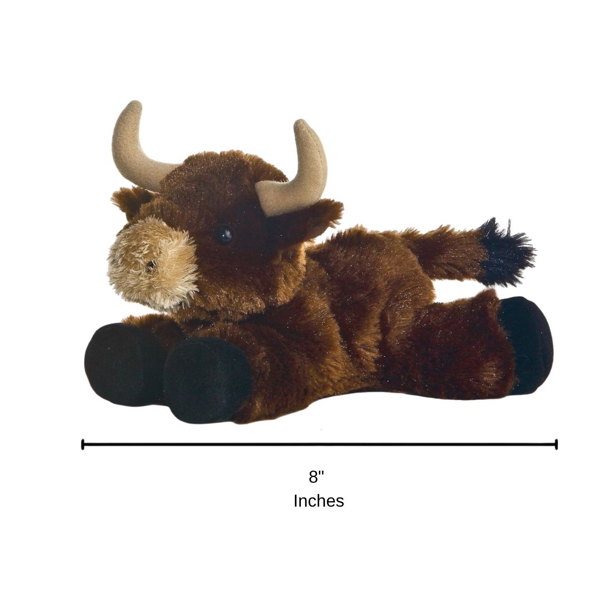 Full side profile of the Toro Bull plush with a dimension line indicating its 8-inch length.