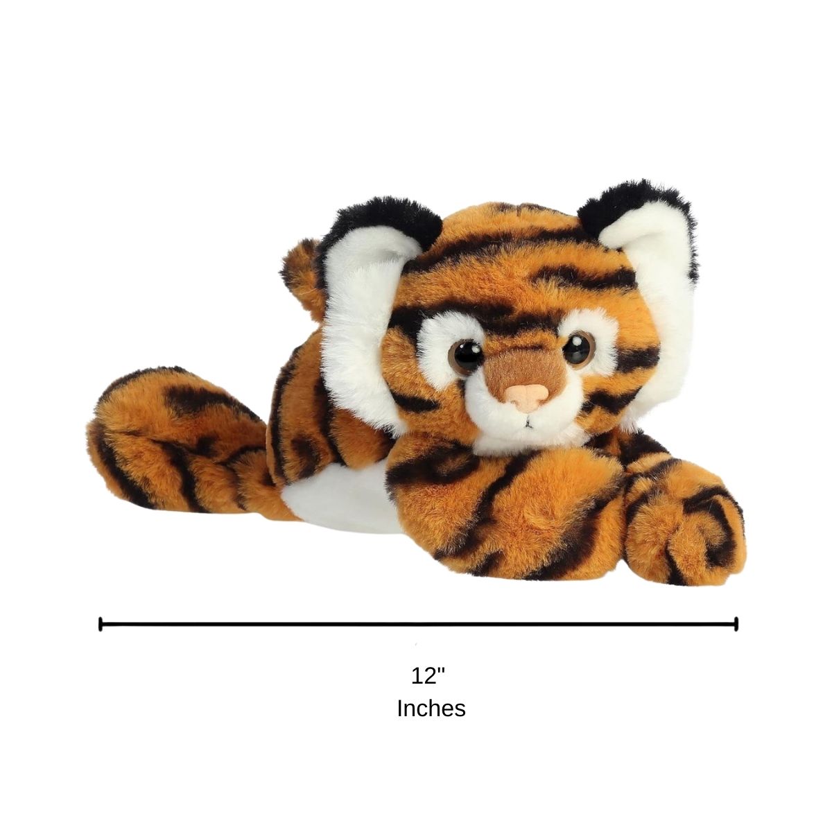Angled front view of the Topaz Tiger plush lying down with a measurement graphic indicating it is 12 inches long.