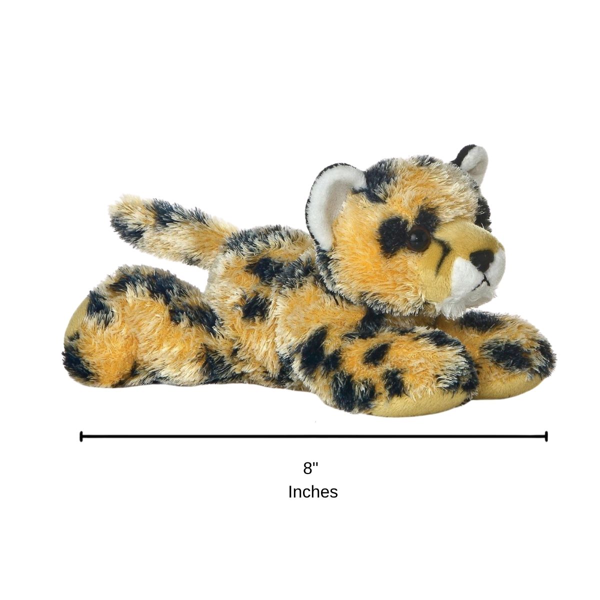 Full side profile of the Streak Cheetah plush with a dimension line indicating its 8-inch length.