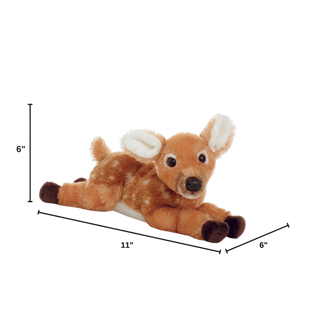 Angled side profile of the Aurora Flopsie fawn plush with dimension lines indicating its 11-inch length, height, and width.