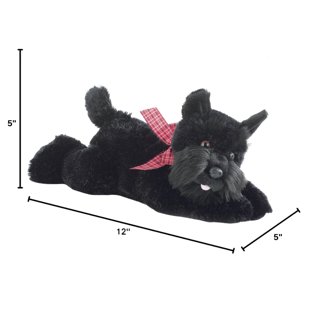 Angled side profile of the Aurora Flopsie Scottish Terrier dog plush with dimension lines indicating its 12-inch length.