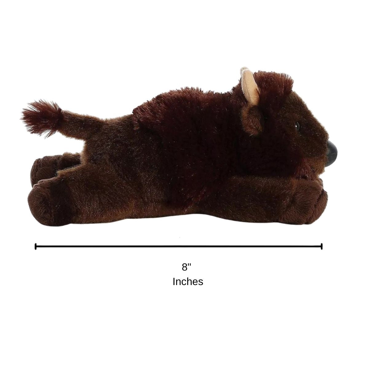 Full side profile view of the resting brown buffalo plush with a dimension line indicating its 8-inch length.