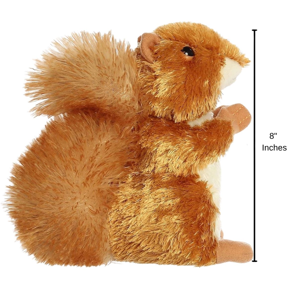 Side profile of the red squirrel plush with a dimension line indicating its 8-inch height.