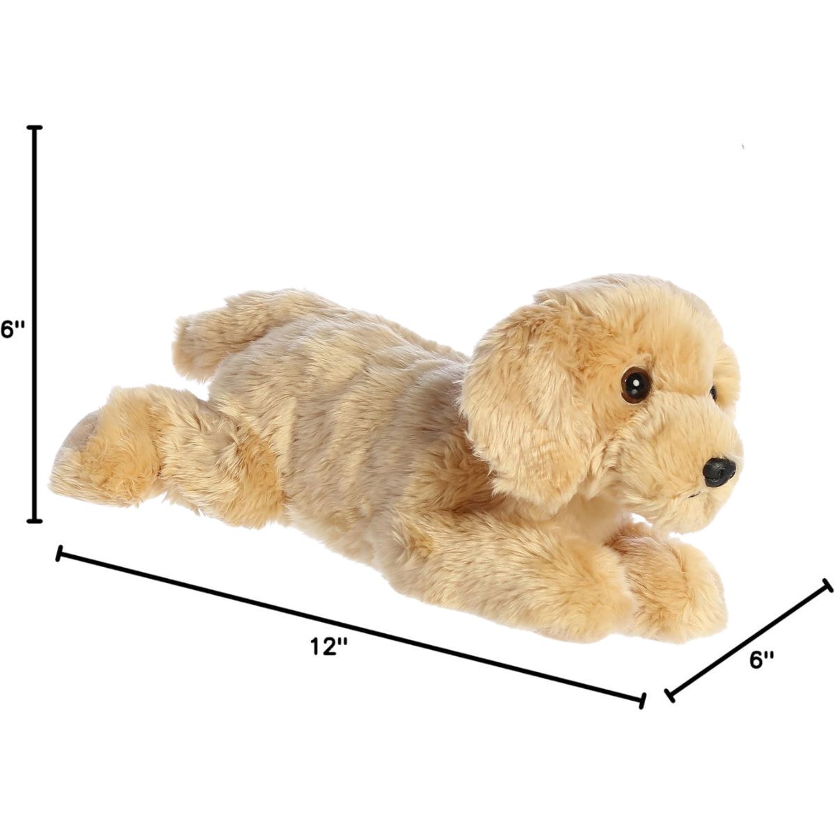 Angled side profile of the Goldie Golden Retriever plush resting on her tummy with measurement graphics indicating she is 12 inches long.