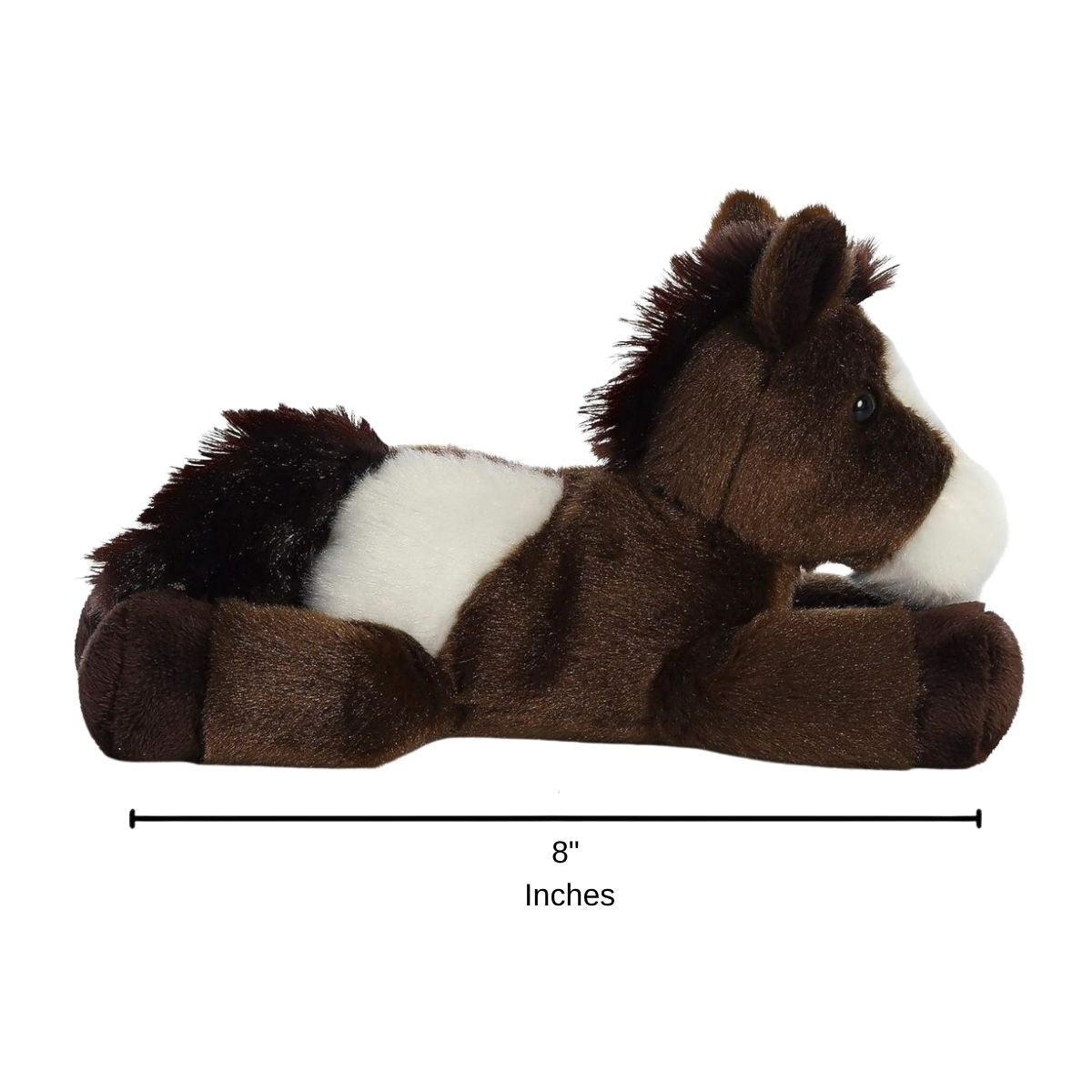 Full side profile of the Paint Pinto Horse plush with a dimension line indicating its 8-inch length.