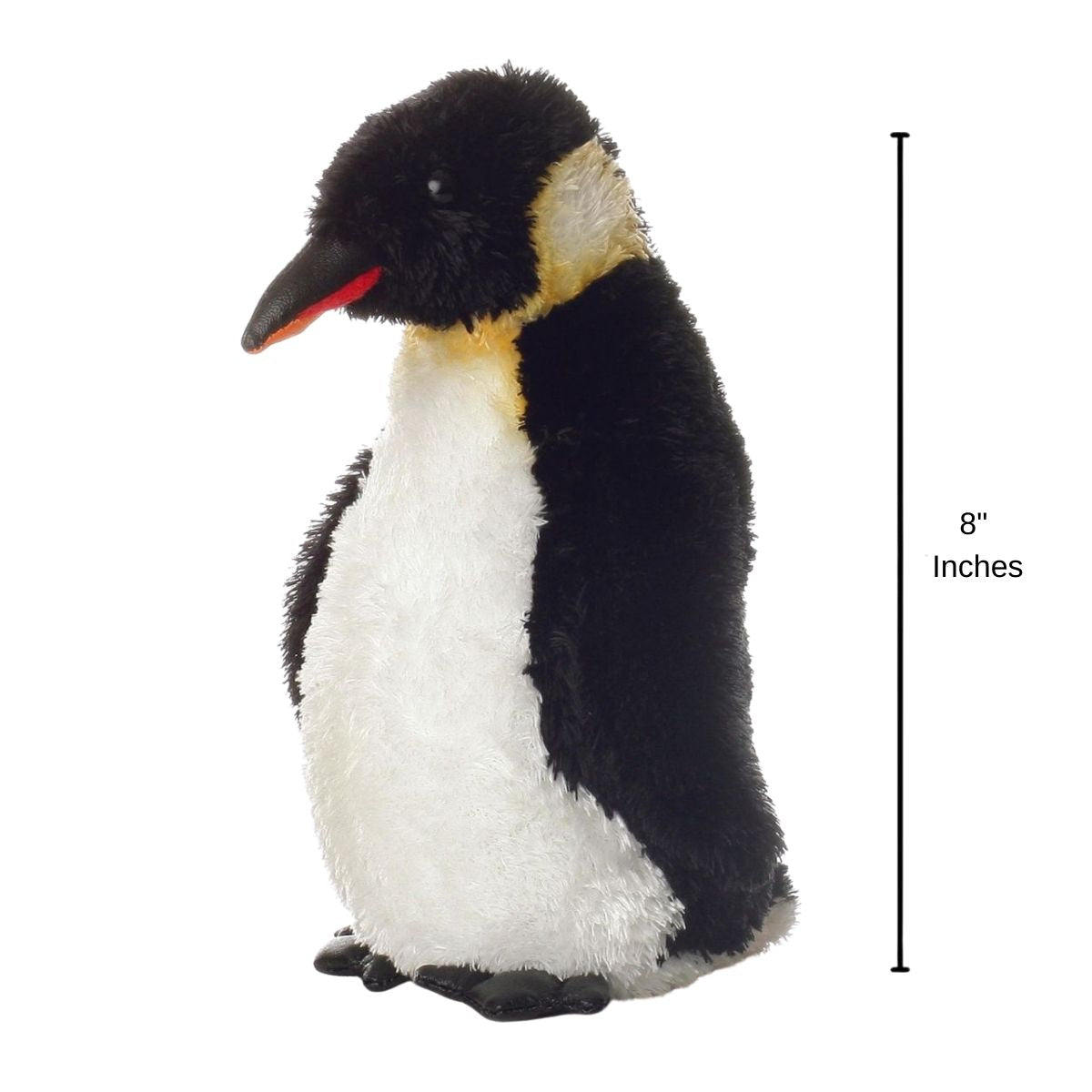 Angled front view of the Emperor Penguin plush standing upright with a measurement graphic indicating it is 8 inches tall.