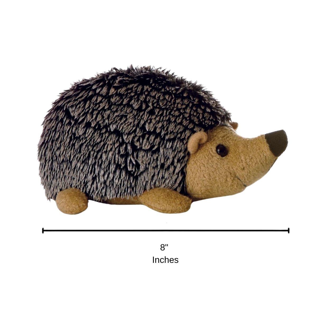 Side profile of the Howie the Hedgehog plush with a dimension line indicating its 8-inch length.
