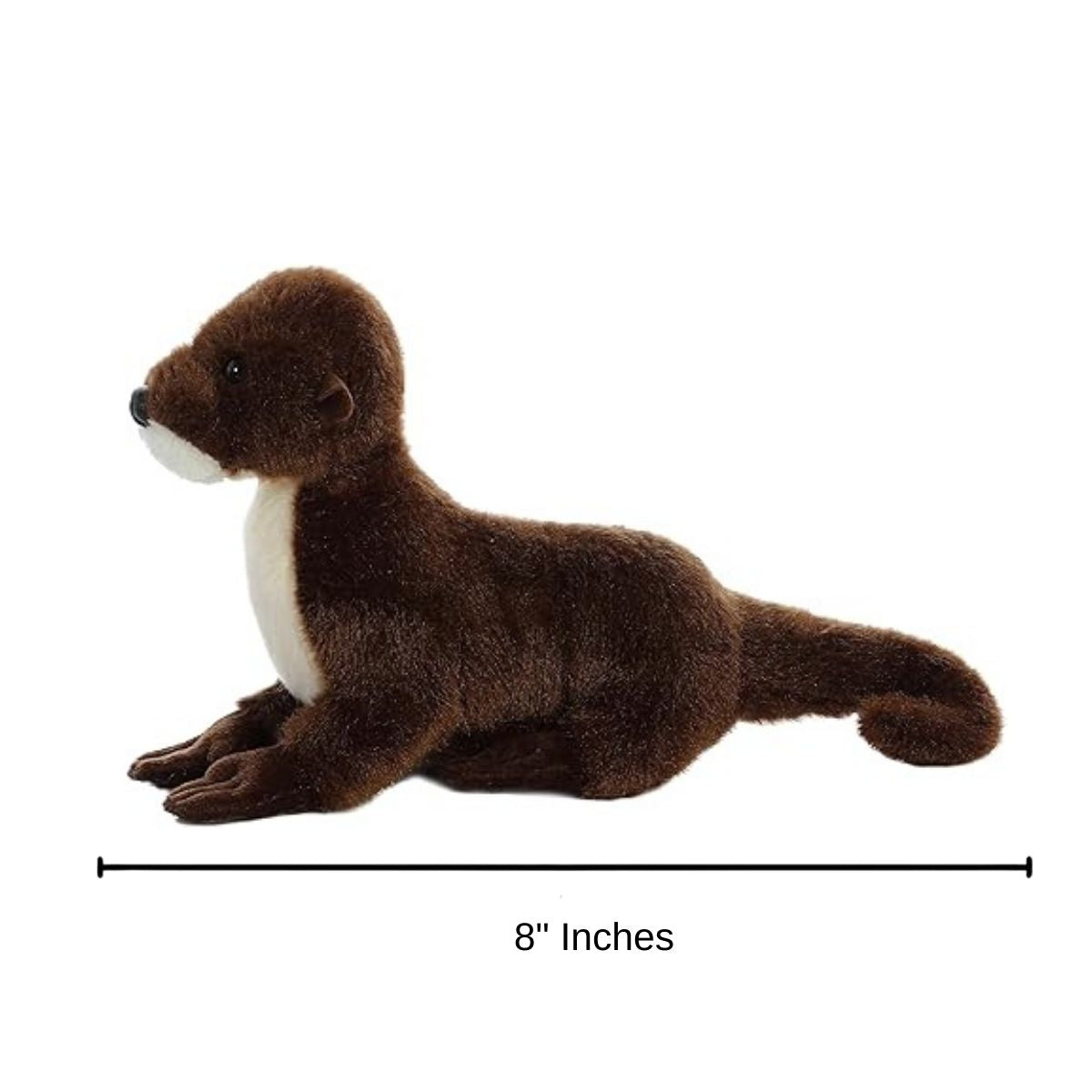 Dimension graphic showing the Aurora Mini Flopsie Sliddy the Otter lying down with a measurement line indicating it is 8 inches long.
