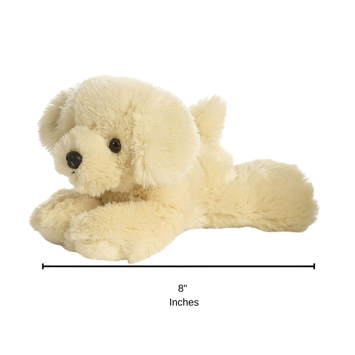 Angled side profile view of the Bailie dog plush resting on its tummy with a measurement graphic indicating it is 8 inches long.