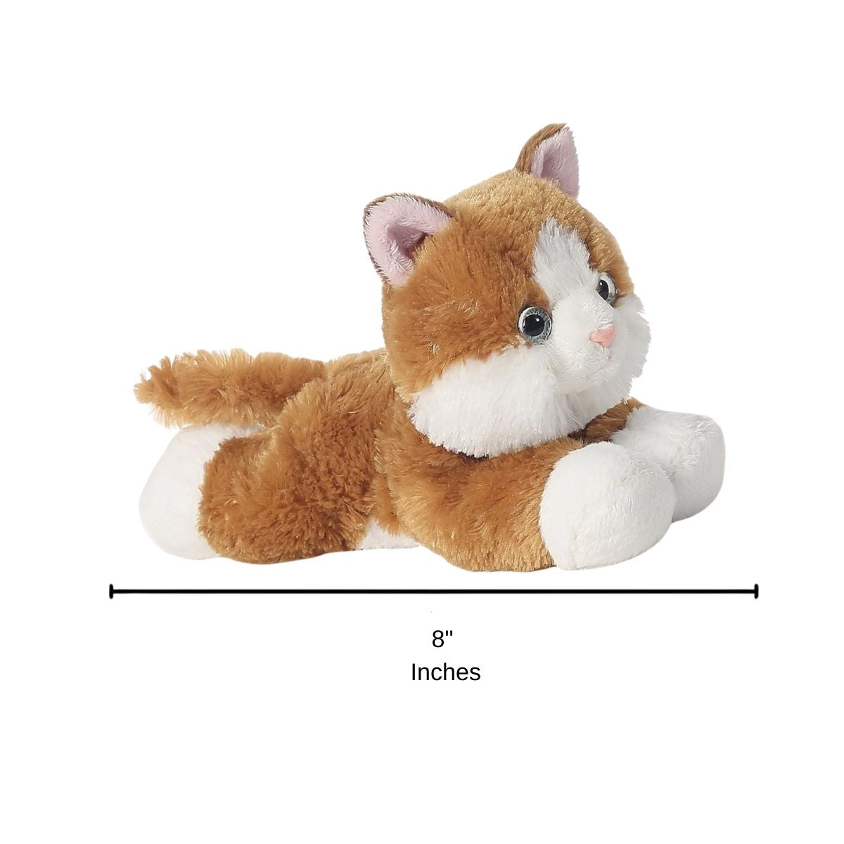 Side profile view of the Sunshine Tabby Cat plush resting on its tummy with a measurement graphic indicating it is 8 inches long.
