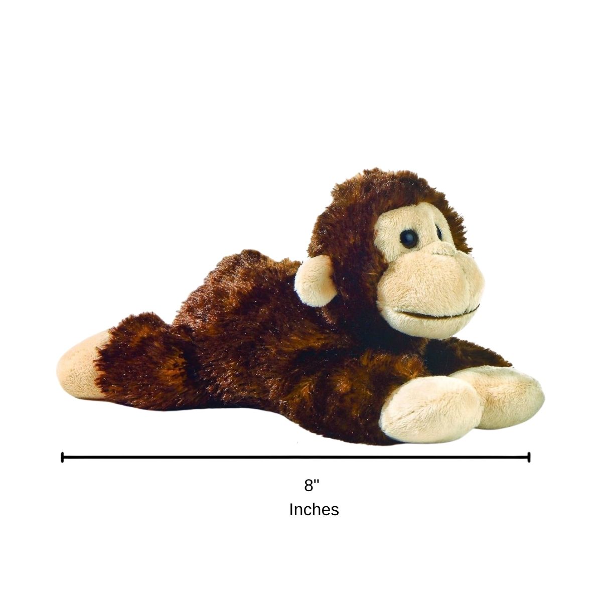 Full side profile of the resting brown monkey plush with a dimension line indicating its 8-inch length.