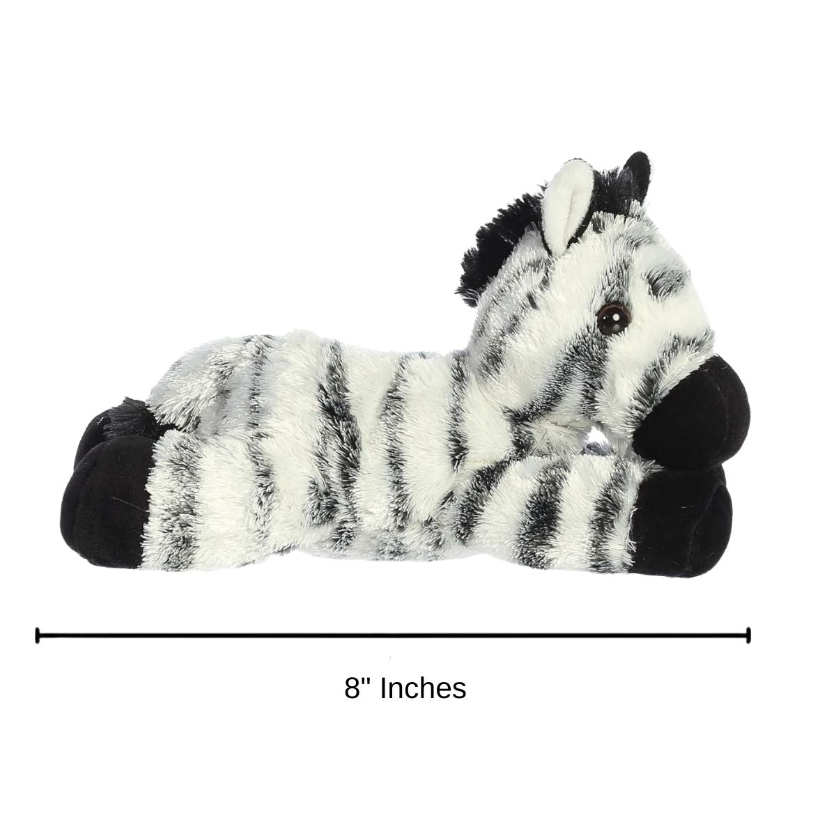 Dimension graphic showing the Aurora Mini Flopsie Zany the Zebra lying down with a measurement line indicating it is 8 inches long.