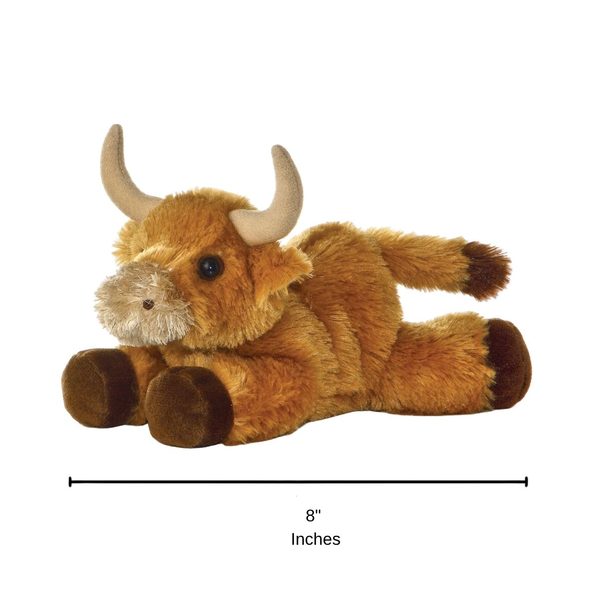 Sizing graphic for the Aurora Mini Flopsie Longhorn plush indicating a total length of 8 inches.