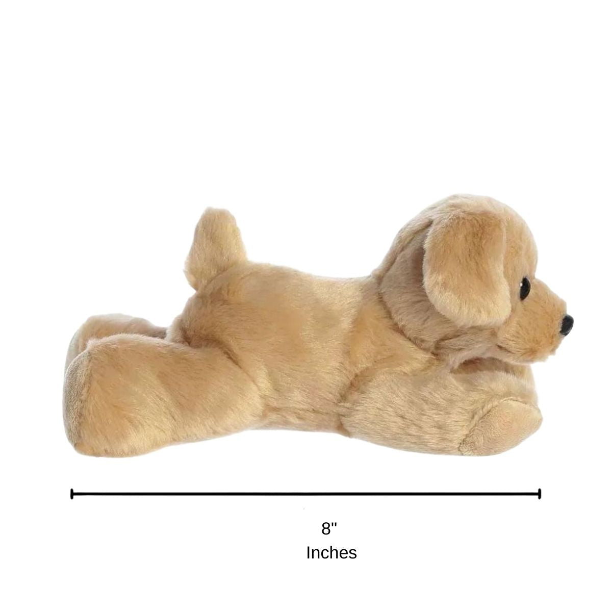 Side profile view of the Yellow Lab plush resting on its tummy with a measurement graphic indicating it is 8 inches long.