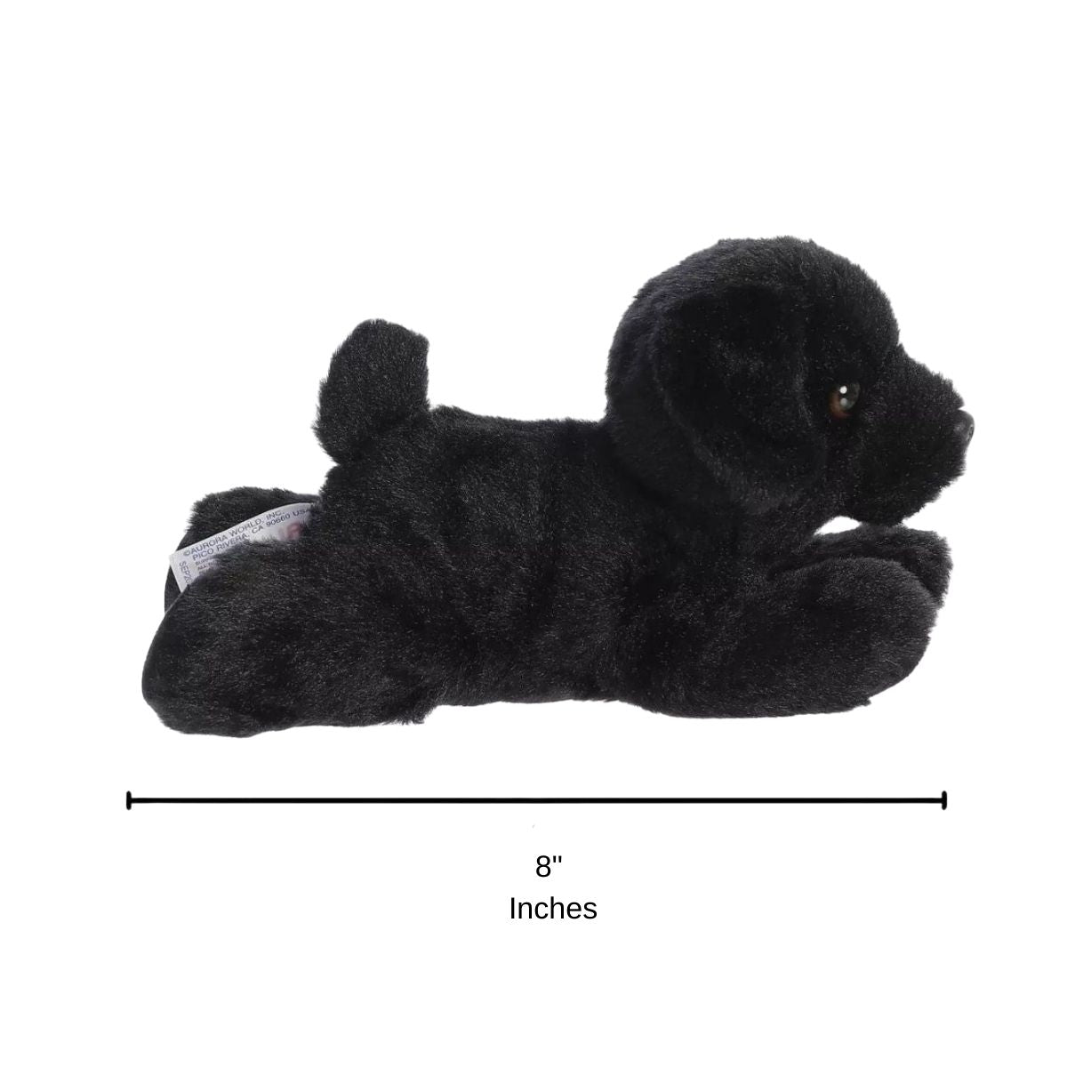 Side profile view of the Blackie dog plush resting on its tummy with a measurement graphic indicating it is 8 inches long.