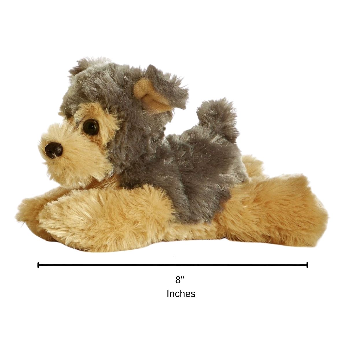 Full side profile of the resting grey and tan Yorkie puppy plush with a dimension line indicating its 8-inch length.