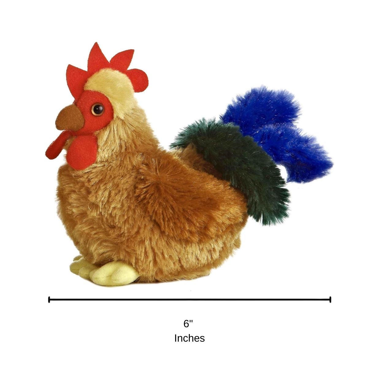 Side profile view of the brown rooster plush sitting upright with a measurement graphic indicating it is 6 inches long.