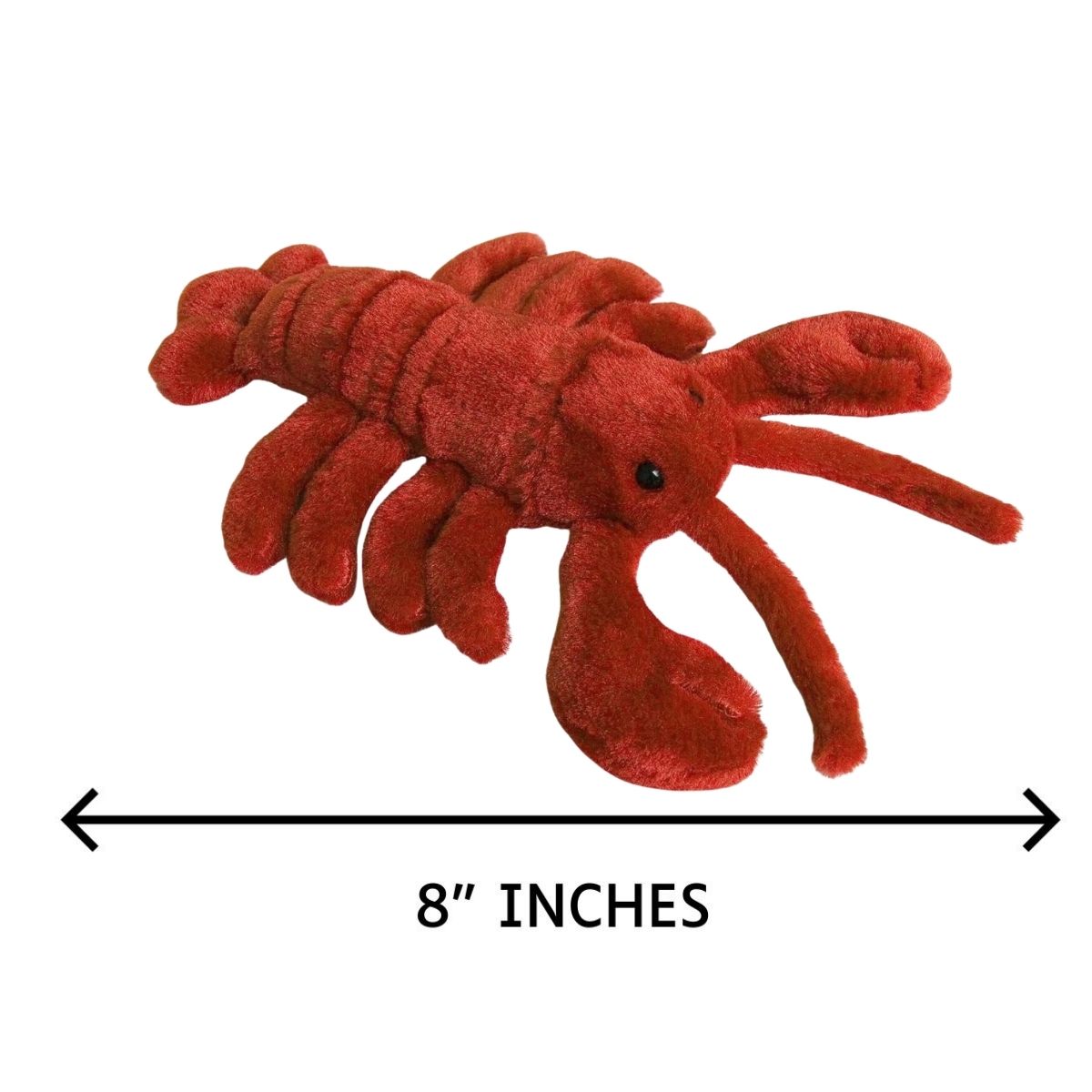 Sizing graphic for the Aurora Mini Flopsie Lobster plush indicating a total length of 8 inches.