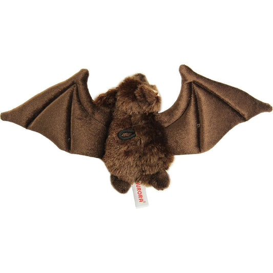 Top-down back view of the soft bat plush highlighting its smooth brown wingspan and small fuzzy body.