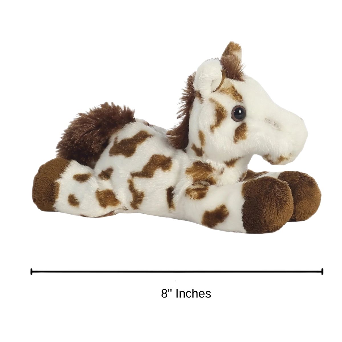 Side profile view of the Aurora Mini Flopsie Gypsy Horse plush with a measurement graphic indicating it is 8 inches long.