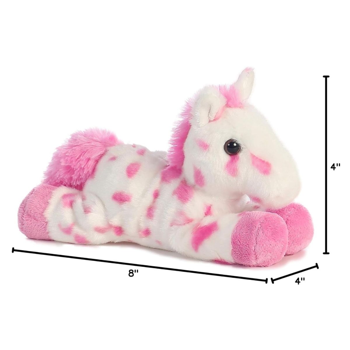 Side profile of the resting pink Appaloosa horse plush with a dimension line indicating its 8-inch length.