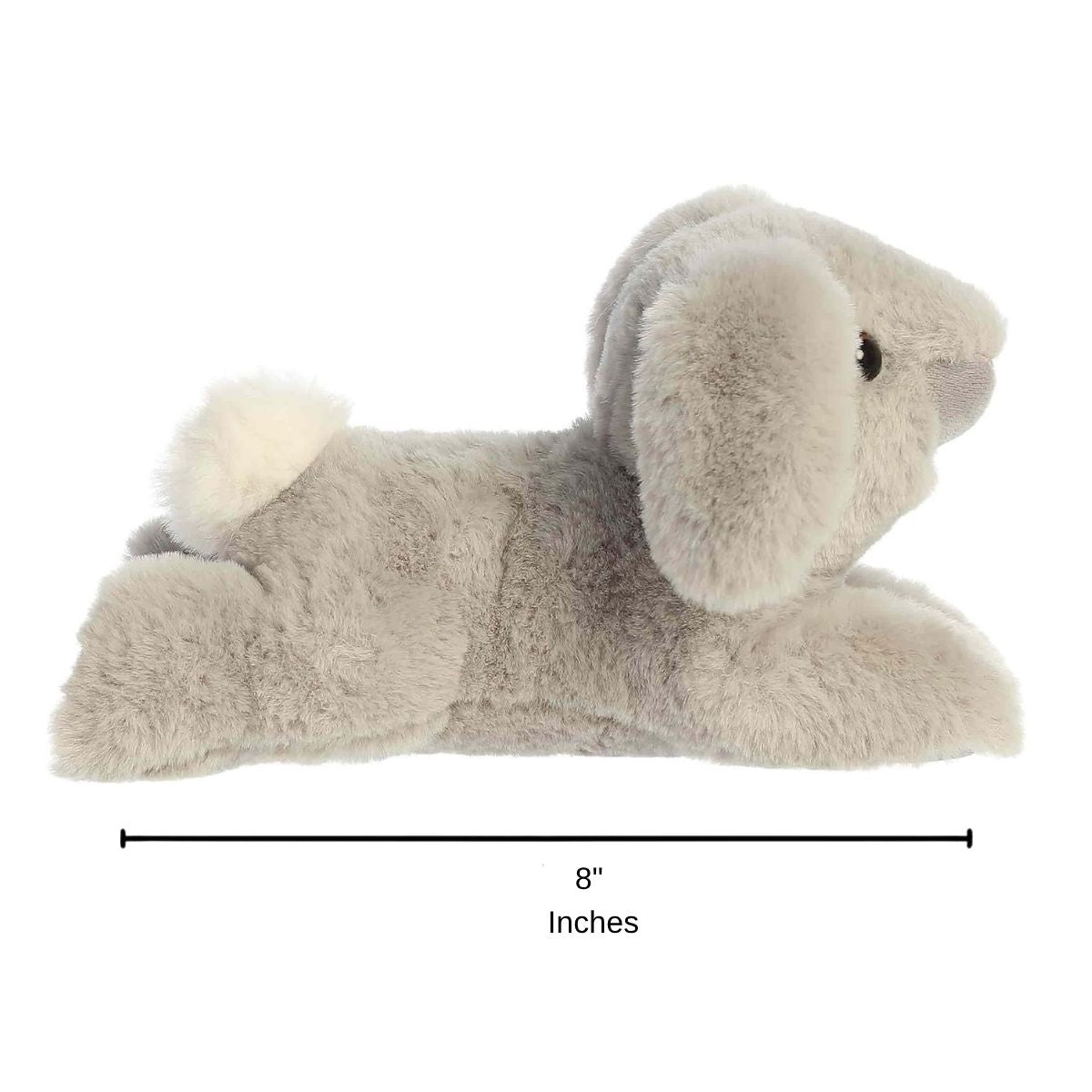 Sizing graphic for the Aurora Flopsie Dusty Grey Lop Bunny plush showing its full lounging side profile, indicating a total length of 8 inches.